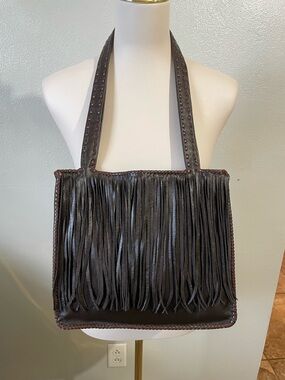 Leather Fringe Tote Bag Brown Turquoise Lining Boho Western Shoulder Purse Retro